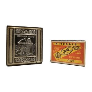 Heilag Olav Norwegian Pewter & Wood Match Box Slide Holder and Vintage Match Box
